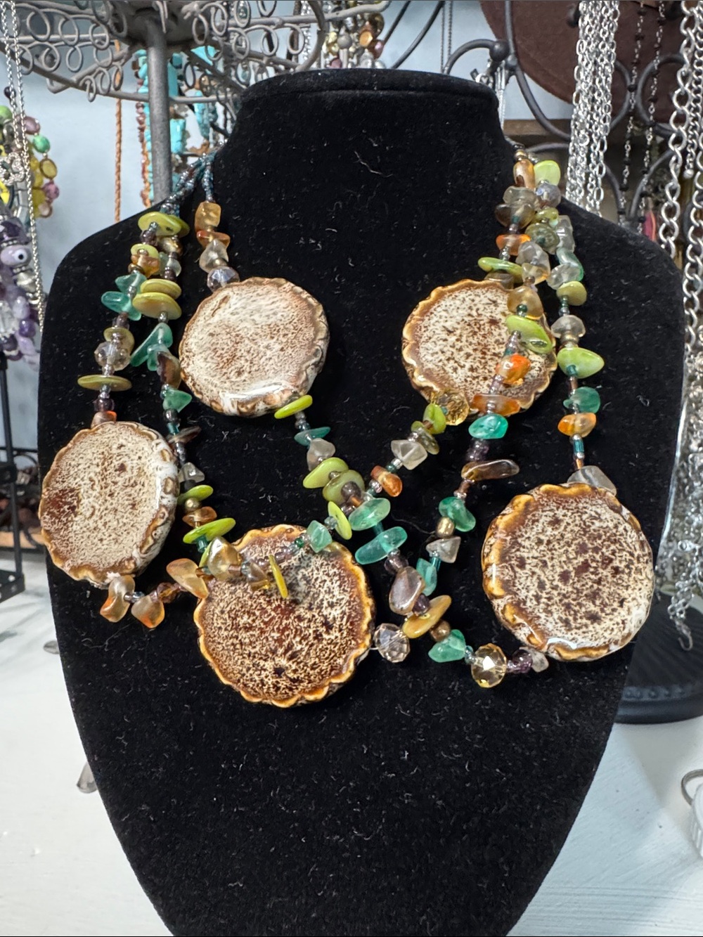 CJ Banks Green, Amber and Brown Art Glads 3 Layered Necklace